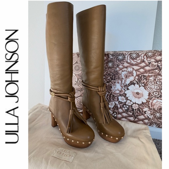 Ulla Johnson Shoes - Ulla Johnson Elin Tassel Boots Leather Gold Fringe Wood Heels Sz 35 Quiet Luxury